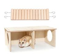 3 Chamber Hamster Hide，Natural Wooden Platform with Bridge - Small Animal Cage Accessories for Syrian Hamster, Rat, Mice，Gerbil (Large-Syrian Hamster)