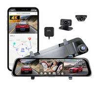 3 Channels 4K Dash Cam For Cars, HD 2160P Front Inside And Rear Camera,Built in Wifi APP with GPS Tracker Night Vision Car DVR, With 12 Inch IPS Screen Rearview Mirror Video Recorder