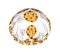 3 Chocolate Chip Cookies With Different Expressions Shower Caps For Women, Elastic And Reusable Bath Caps, Double Waterproof Layers Shower Cap, Bathing Shower Caps