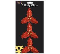 3 Christmas 10cm RED Glitter Holly Leaves Berries Clip On Decorations