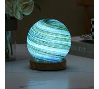 3 Color Changing Planet Night Light with Wood Base 12cm Glass Galaxy Lamp for Bedroom USB Powered Dimmable Nursery Light for Kids & Adults Unique Gift Idea（5V)