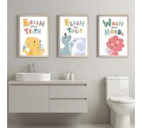 3 Colorful Kids Bathroom Canvas Poster Print Playful Prompt Words Wall Art Picture Dinosaur Theme Toilet Quotes For Home Decor 60x80cmx3 No Frame