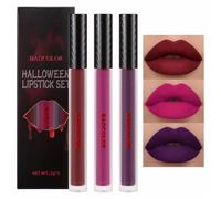 3 Colors Matte Liquid Lipstick Set, Purple Burgundy Rose Red Halloween Makeup, High Impact Long Lasting Lip Stain Velvet Nonstick Cup Smudge Proof & Waterproof Lip Gloss Set