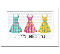 3 Colourful Dresses Happy Birthday, A6 Card - 14 Count Cross Stitch Kit