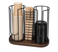 3-Compartment Coffee Cup Dispenser, Countertop Organizer Rack with Wooden Base for Disposable Cup, Lid, Straw, Tea Bag, Stirrer, Suitable for Kitchen, Bar, Restaurant, Office and Retail Space Use