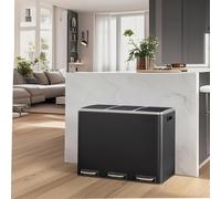 3-Compartment Kitchen Rubbish Bin, 3 x 18 L, for Recycling and Waste, Lids, Pedals, Inner Buckets, Steel, Soft Close, Black