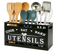 3-Compartment Large Wooden Utensil Holder for Kitchen Counter, Farmhouse Rustic Black Cooking Utensils Organizer, Wooden Countertop Cutlery Caddy Spatula Spoon Holder, Kitchen Decor A2602-Black