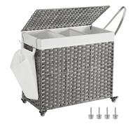 SONGMICS Laundry Basket with Lid, 160 L, Rolling Laundry Hamper with Wheels, 3-Compartment Synthetic Rattan, Removable Liner, for Laundry Room, Bedroom, 70 x 36 x 66 cm, Grey LCB365G01