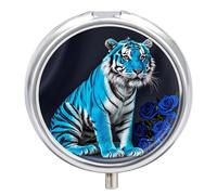 3 Compartment Medicine Pill Case, Blue Rose Tiger Round Pill Box, Portable Decorative Medicine Organizer for Pocket Or Purse Vitamin Organize