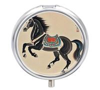 3 Compartment Medicine Pill Case, Chinese Traditional Painting Horse Round Pill Box, Portable Decorative Medicine Organizer for Pocket Or Purse Vitamin Organize