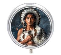3 Compartment Medicine Pill Case, Indigenous People and Wolves Round Pill Box, Portable Decorative Medicine Organizer for Pocket Or Purse Vitamin Organize