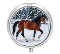 3 Compartment Medicine Pill Case, Sports Horses in The Snow Winter Round Pill Box, Portable Decorative Medicine Organizer for Pocket Or Purse Vitamin Organize