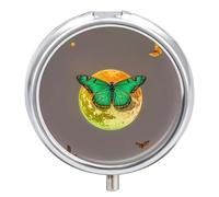 3 Compartment Medicine Pill Case, Sun and Moon Green Moth Round Pill Box, Portable Decorative Medicine Organizer for Pocket Or Purse Vitamin Organize