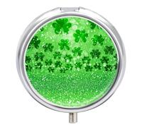 3-Compartment Pill Box Green Glitter Sparkle Irish Shamrock Clovers Pill Box with Mirror Portable Round Moisture Metal Distributor Storage Box Unique Gift