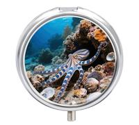 3-Compartment Pill Organizer with Mirror- Blue - Ringed Octopus Round Pill Case for Purse & Travel, Portable Medicine Container, Small Medicine Box for Vitamins, Fish Oil, Supplements