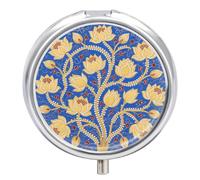 3-Compartment Pill Organizer with Mirror- Boho Gold Lotus Flowers Print Round Pill Case for Purse & Travel, Portable Medicine Container, Small Medicine Box for Vitamins, Fish Oil, Supplements