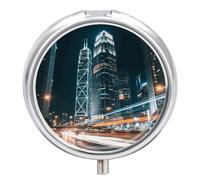 3-Compartment Pill Organizer with Mirror- City Night Lights Round Pill Case for Purse & Travel, Portable Medicine Container, Small Medicine Box for Vitamins, Fish Oil, Supplements