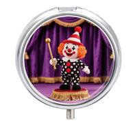 3-Compartment Pill Organizer with Mirror- Clown Conductor with Baton Round Pill Case for Purse & Travel, Portable Medicine Container, Small Medicine Box for Vitamins, Fish Oil, Supplements