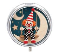 3-Compartment Pill Organizer with Mirror- Clown on Crescent Swing Round Pill Case for Purse & Travel, Portable Medicine Container, Small Medicine Box for Vitamins, Fish Oil, Supplements