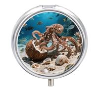 3-Compartment Pill Organizer with Mirror- Coconut Octopus Round Pill Case for Purse & Travel, Portable Medicine Container, Small Medicine Box for Vitamins, Fish Oil, Supplements