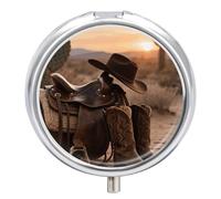 3-Compartment Pill Organizer with Mirror- Cowboy Hat and Boot Round Pill Case for Purse & Travel, Portable Medicine Container, Small Medicine Box for Vitamins, Fish Oil, Supplements