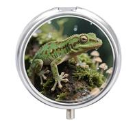 3-Compartment Pill Organizer with Mirror- Crested Gecko Round Pill Case for Purse & Travel, Portable Medicine Container, Small Medicine Box for Vitamins, Fish Oil, Supplements