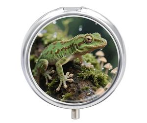 3-Compartment Pill Organizer with Mirror- Crested Gecko Round Pill Case for Purse & Travel, Portable Medicine Container, Small Medicine Box for Vitamins, Fish Oil, Supplements