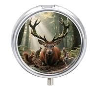 3-Compartment Pill Organizer with Mirror- Forest Wildlife Round Pill Case for Purse & Travel, Portable Medicine Container, Small Medicine Box for Vitamins, Fish Oil, Supplements