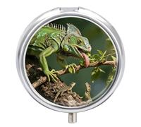 3-Compartment Pill Organizer with Mirror- Green Iguana Feeding Round Pill Case for Purse & Travel, Portable Medicine Container, Small Medicine Box for Vitamins, Fish Oil, Supplements