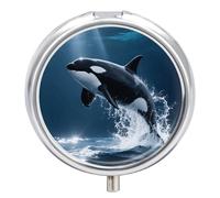 3-Compartment Pill Organizer with Mirror- Killer Whale Round Pill Case for Purse & Travel, Portable Medicine Container, Small Medicine Box for Vitamins, Fish Oil, Supplements