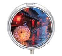 3-Compartment Pill Organizer with Mirror- Kyoto Geisha Paper Umbrella Round Pill Case for Purse & Travel, Portable Medicine Container, Small Medicine Box for Vitamins, Fish Oil, Supplements