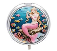 3-Compartment Pill Organizer with Mirror- Mermaid Coral Comb Round Pill Case for Purse & Travel, Portable Medicine Container, Small Medicine Box for Vitamins, Fish Oil, Supplements