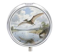 3-Compartment Pill Organizer with Mirror- Pterosaur Flying Over Lake Round Pill Case for Purse & Travel, Portable Medicine Container, Small Medicine Box for Vitamins, Fish Oil, Supplements