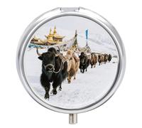 3-Compartment Pill Organizer with Mirror- Snow Mountain Caravan Round Pill Case for Purse & Travel, Portable Medicine Container, Small Medicine Box for Vitamins, Fish Oil, Supplements