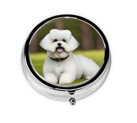 3 Compartment Portable Pill Box, Round Daily Medicine Organizer for Pocket or Purse, Cute Bichon Frise Dog Great for Morning, Noon and Evening Dose