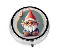 3 Compartment Portable Pill Box, Round Daily Medicine Organizer for Pocket or Purse, Cute Gnome, Great for Morning, Noon and Evening Dose