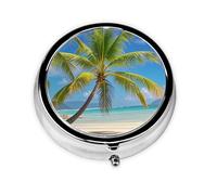 3 Compartment Portable Pill Box, Round Daily Medicine Organizer for Pocket or Purse, Tropical Palm Tree Ideal for Morning, Noon and Evening Doses
