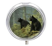 3 Compartment Round Pill Box Portable Metal Travel Pill Organizer | Black Bears Pill Case to Hold Vitamins, Medication, Fish Oil and Supplements, Ideal for Purse & Pocket