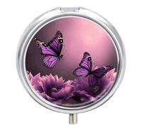 3 Compartment Small Pill Box Travel Medicine Pill Organizer with Mirror Moisture Proof Pills Case 3D Flowers and Purple Butterfly Portable Pocket Medicine Organizer Round Vitamin Organizer Box