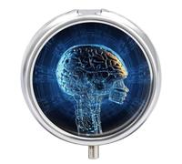 3 Compartment Small Pill Box Travel Medicine Pill Organizer with Mirror Moisture Proof Pills Case Artificial Intelligence Brain Portable Pocket Medicine Organizer Round Vitamin Organizer Box