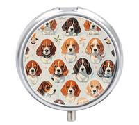 3 Compartment Small Pill Box Travel Medicine Pill Organizer with Mirror Moisture Proof Pills Case Beagle Patterns Portable Pocket Medicine Organizer Round Vitamin Organizer Box