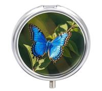 3 Compartment Small Pill Box Travel Medicine Pill Organizer with Mirror Moisture Proof Pills Case Blue Butterfly Small Portable Pocket Medicine Organizer Round Vitamin Organizer Box