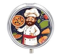 3 Compartment Small Pill Box Travel Medicine Pill Organizer with Mirror Moisture Proof Pills Case Chef Pizza Portable Pocket Medicine Organizer Round Vitamin Organizer Box