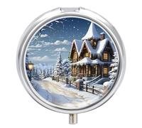 3 Compartment Small Pill Box Travel Medicine Pill Organizer with Mirror Moisture Proof Pills Case Christmas Winter Happy Scene Portable Pocket Medicine Organizer Round Vitamin Organizer Box
