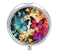 3 Compartment Small Pill Box Travel Medicine Pill Organizer with Mirror Moisture Proof Pills Case Colorful Butterfly Pattern Portable Pocket Medicine Organizer Round Vitamin Organizer Box