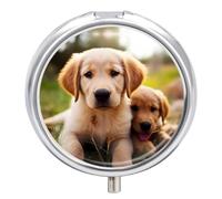 3 Compartment Small Pill Box Travel Medicine Pill Organizer with Mirror Moisture Proof Pills Case Cute Golden Retriever Puppy Portable Pocket Medicine Organizer Round Vitamin Organizer Box