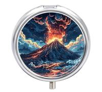 3 Compartment Small Pill Box Travel Medicine Pill Organizer with Mirror Moisture Proof Pills Case Depicts A Volcano Portable Pocket Medicine Organizer Round Vitamin Organizer Box