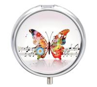 3 Compartment Small Pill Box Travel Medicine Pill Organizer with Mirror Moisture Proof Pills Case Music Butterfly Portable Pocket Medicine Organizer Round Vitamin Organizer Box