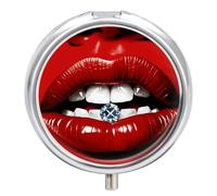 3 Compartment Small Pill Box Travel Medicine Pill Organizer with Mirror Moisture Proof Pills Case Red Lips with Diamond Portable Pocket Medicine Organizer Round Vitamin Organizer Box