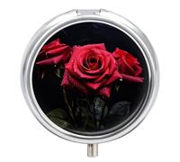 3 Compartment Small Pill Box Travel Medicine Pill Organizer with Mirror Moisture Proof Pills Case Red Rose and Black Leaves Portable Pocket Medicine Organizer Round Vitamin Organizer Box